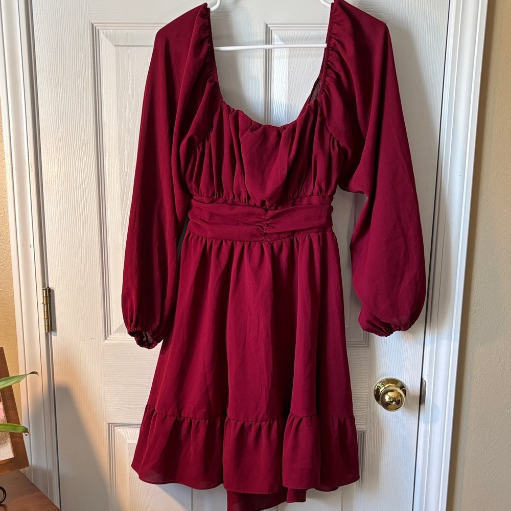 Burgundy Shein Long Sleeve Mini Dress, Small, Ruffle Hem